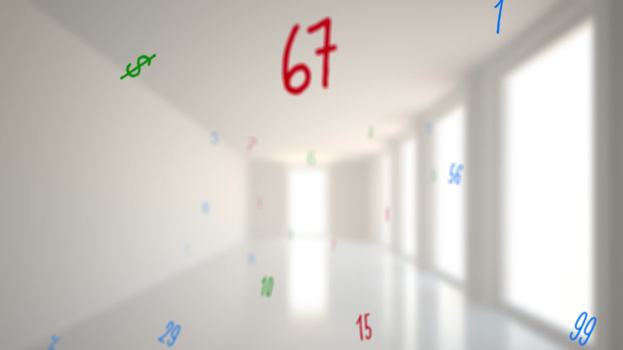 빈 학교 복도에 떠다니는 수학적 숫자와 기호의 디지털 구성
