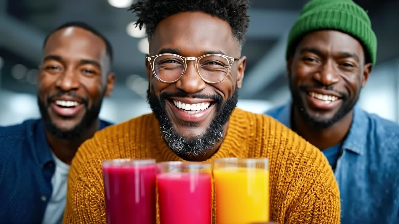 A group of three men holding glasses of juice