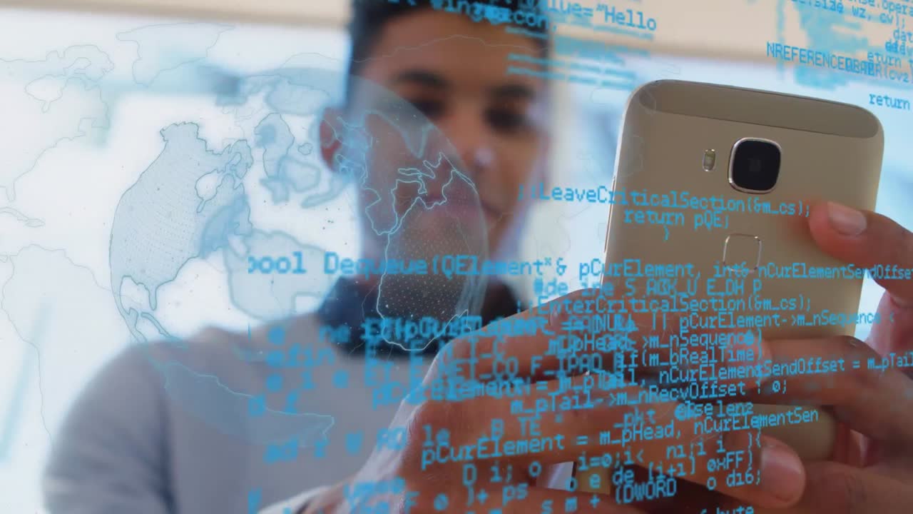 animación del procesamiento de datos financieros sobre un empresario caucásico que usa un teléfono inteligente