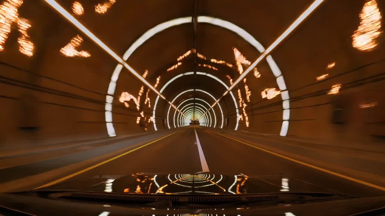 Telecamera montata su auto si avvicina al primo anello, passando anelli luminosi del tunnel, cofano che riflette verso l'uscita