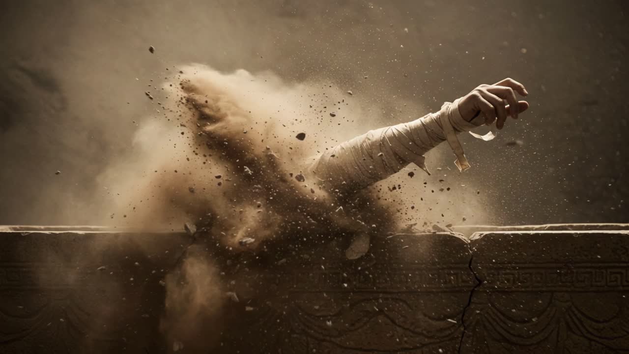 Emerging From the Dust: A Surprising Reveal of an Arm Bursting Through a Stone Surface in a Dramatic Moment of Discovery and Intrigue