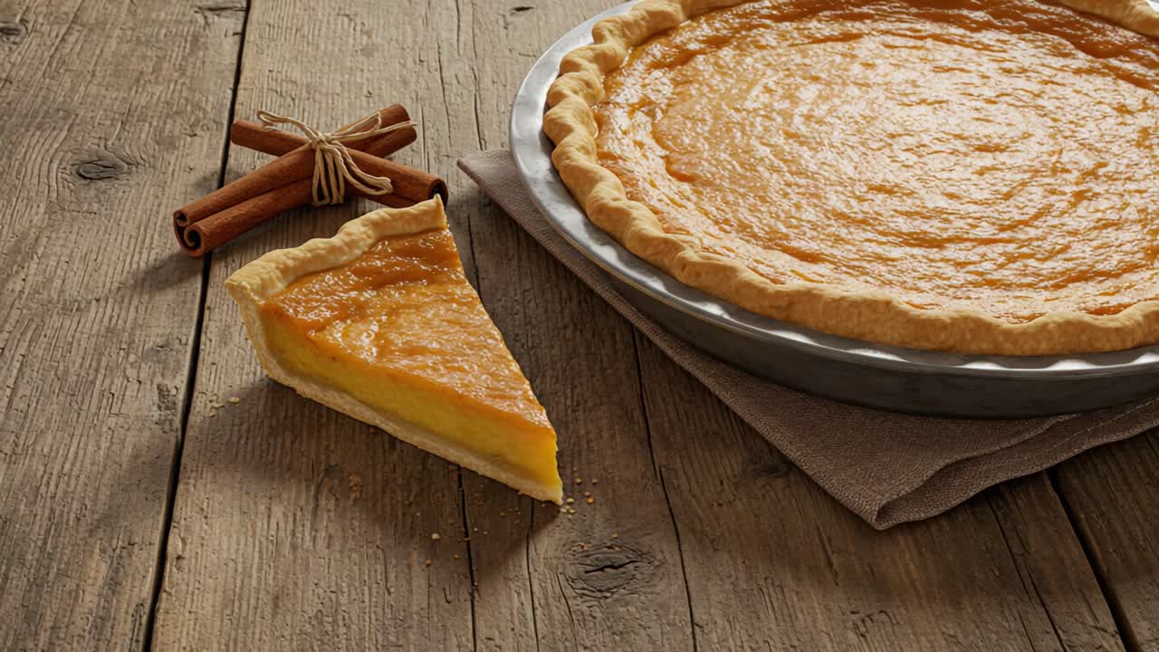 Pumpkin Pie with a Slice and Cinnamon Sticks on a Wooden Table