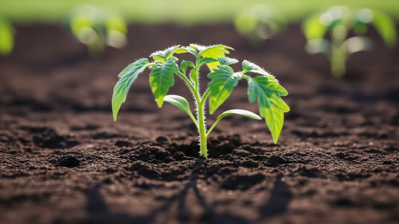 A Close-Up View of a Young Tomato Plant Emerging from Dark, Rich Soil Under Warm Sunlight, Showcasing New Growth and Vibrant Green Leaves in a Small Garden Setting