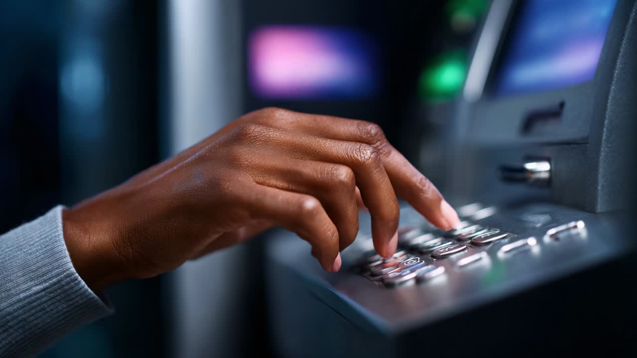 A Person Interacting with an Automated Teller Machine: Close-up Scenes Featuring Hand on Keypad and ATM Screen Display, Highlighting Banking Technology and Everyday Financial Transactions