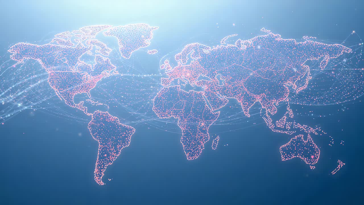Animating dotted map forming outlines as points appear on deep blue, flowing arcs showing data