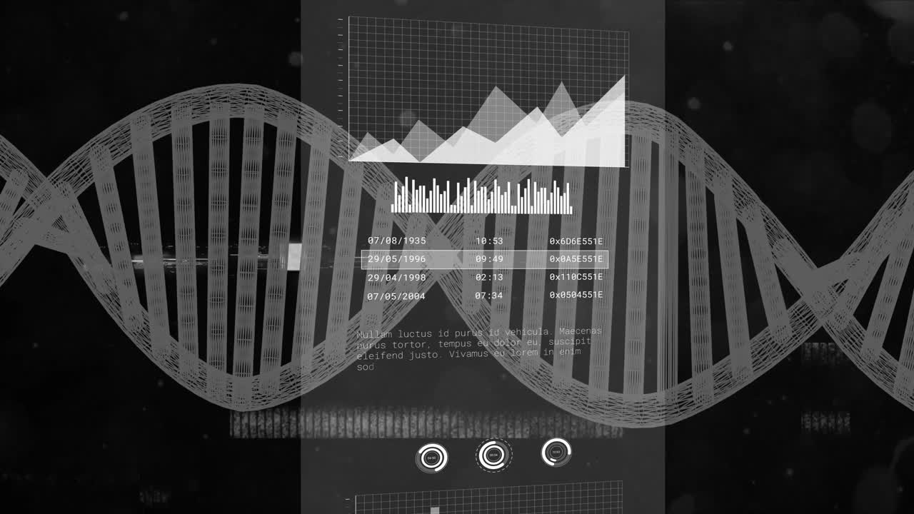 dna 스트랜드 및 데이터 차트 애니메이션과 과학 텍스트 배경