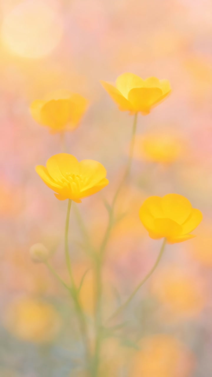 Soft-focus close-up of yellow flowers with a dreamy, pastel background, evoking a serene video