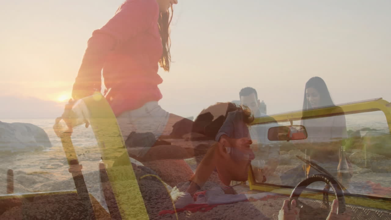 Driving yellow convertible, couple traveling through scenic landscape with animation