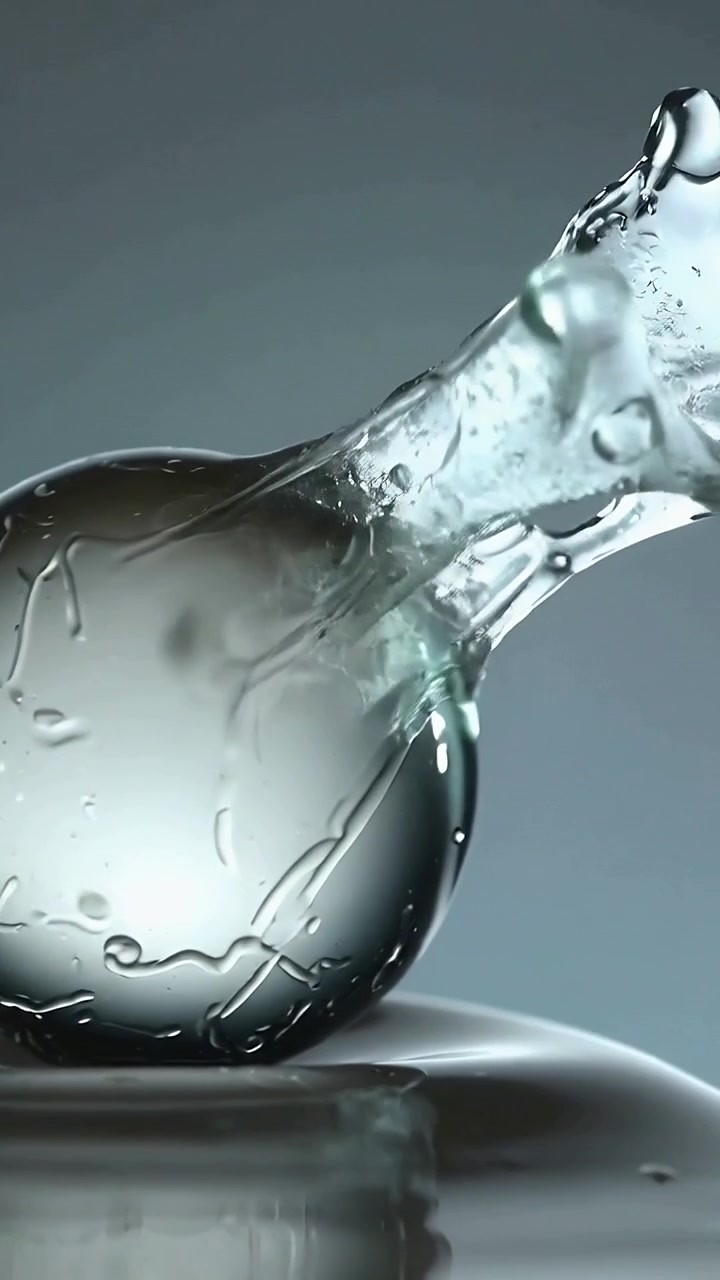 Video verticale: Liquido che schizza da destra colpisce una sfera di vetro su un piedistallo in studio