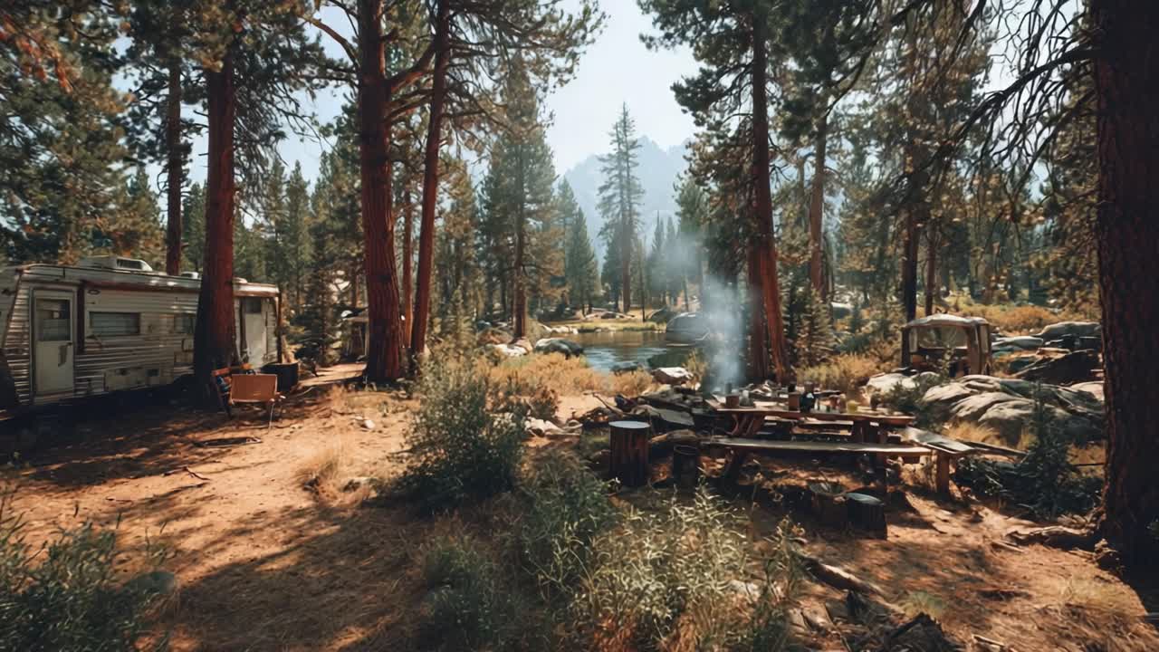 Captivating Campsite Retreat: Embracing Nature's Beauty by the Tranquil Lake Surrounded by Tall Pines and Inviting Cozy Encampment Area for Relaxation