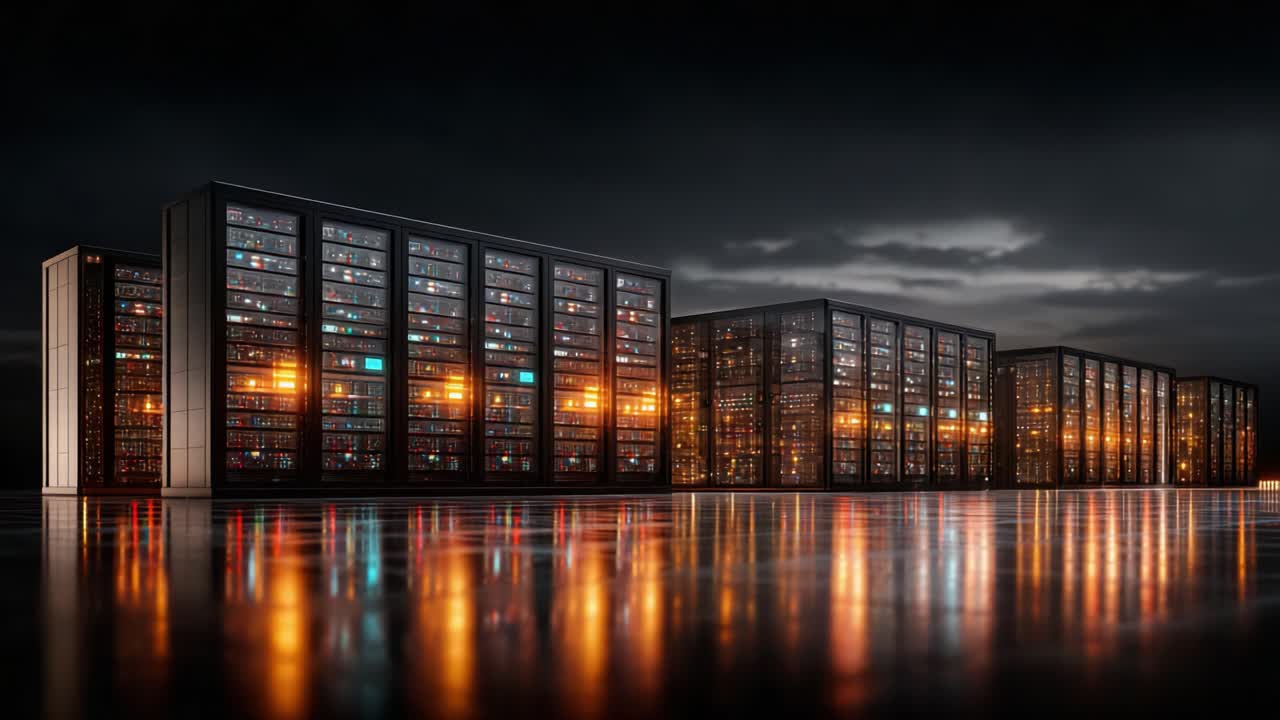 Oplyste datacentre, der reflekterer i vand under en dramatisk nattehimmel, og som viser avanceret teknologi og infrastruktur i en futuristisk, urban setting