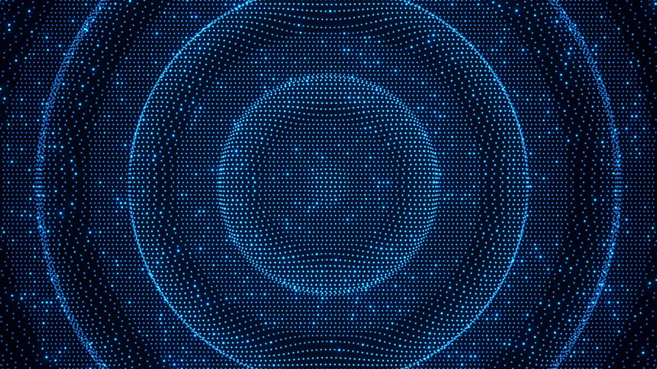 Abstract blue glowing particle sphere with ripple wave effect on deep blue dark background. 3D render of digital dot grid forming concentric rings. Futuristic AI, network, and big data technology concept