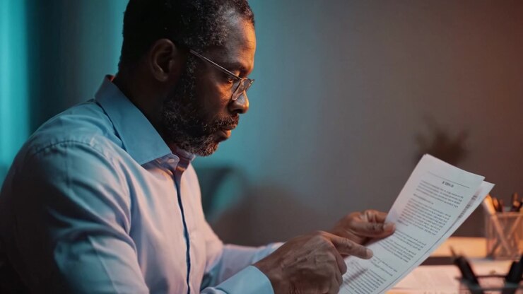 Focused Man Studying Documents on a Desk in Soft Lighting, Exhibiting Concentration and Professionalism While Engaged in Serious Reading and Analysis