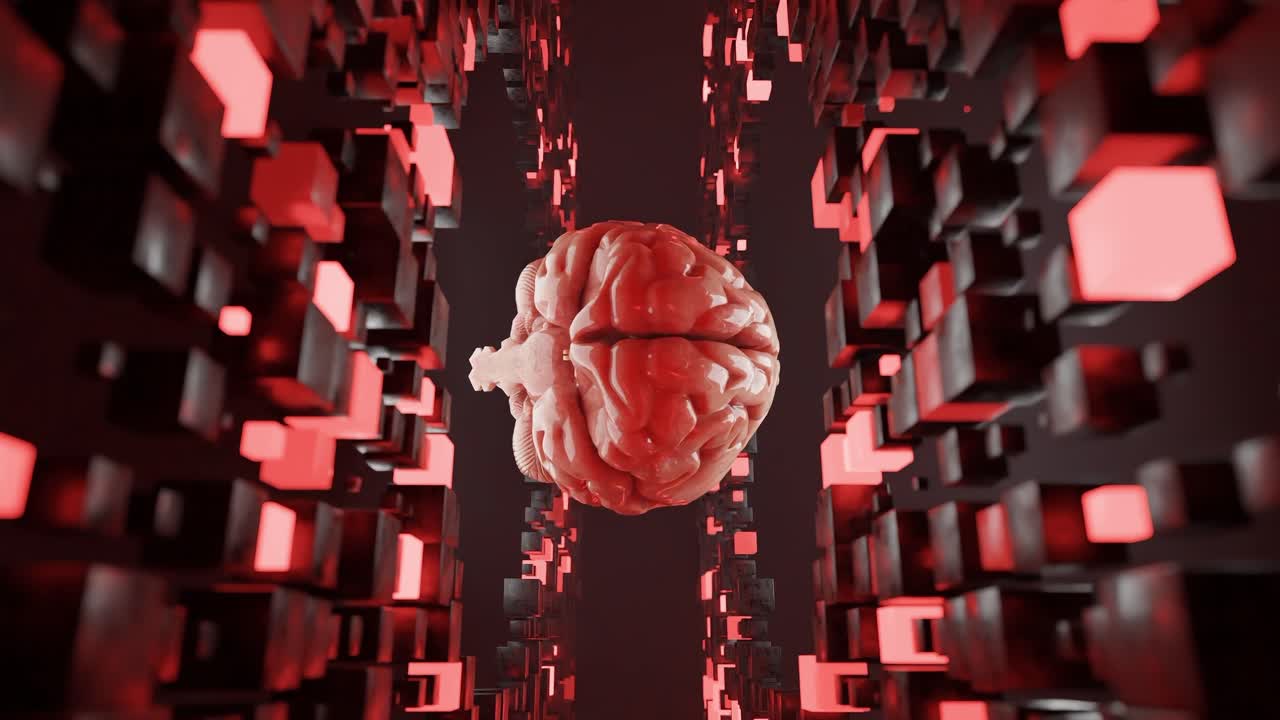 Human brain floating inside a tunnel of glowing red cubic structures. Futuristic 3D digital illustration. Artificial intelligence and virtual reality concept. Design, banner, wallpaper, vertical