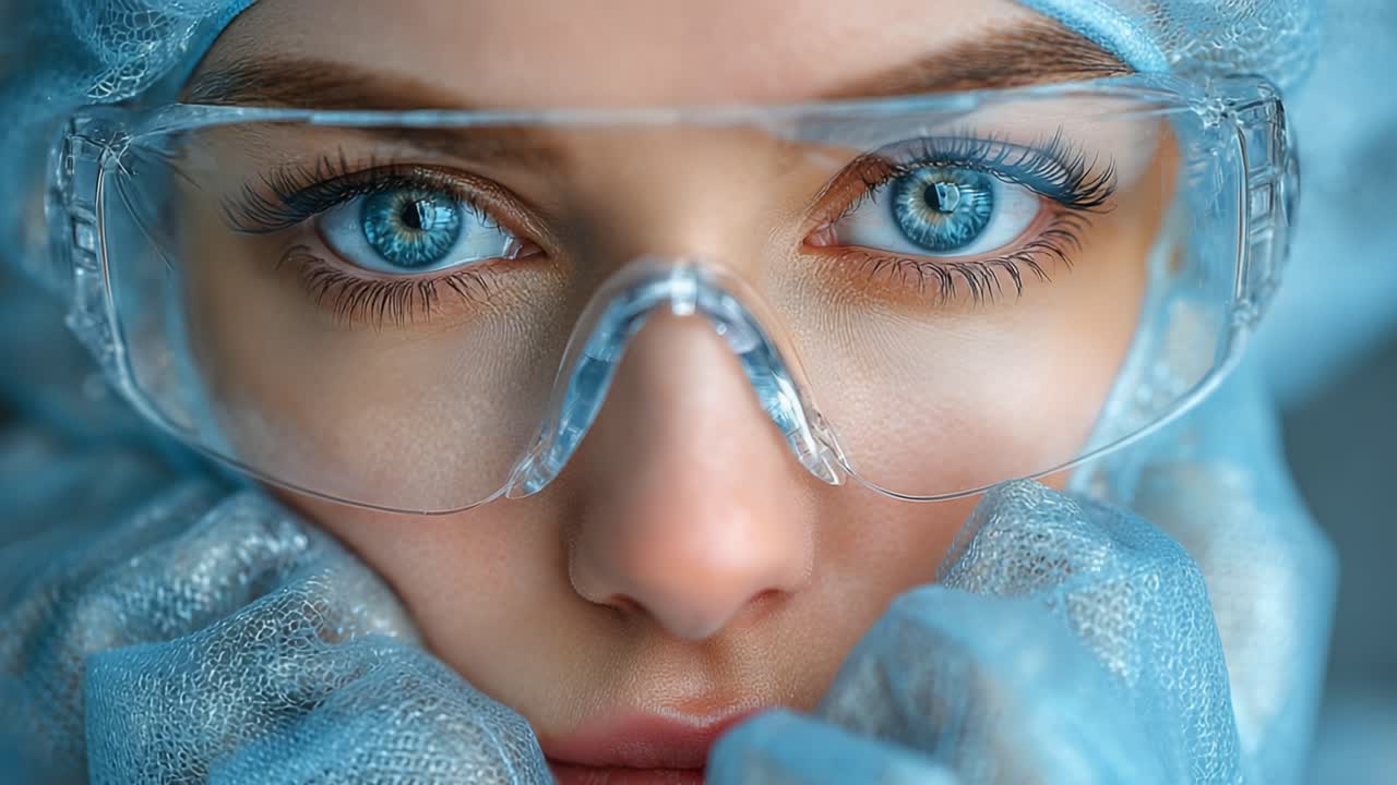 Close-Up of a Person Wearing Protective Gear, Focusing on Their Striking Blue Eyes and Expression Under Professional Lighting and Texture