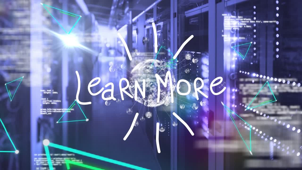 Animation of learn more with globe over connections and servers