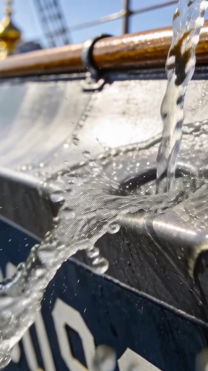 Verticale video: Stroom water van bovenaf gieten, raakt afvoer op romp, verspreidt druppels, dek afwaterend