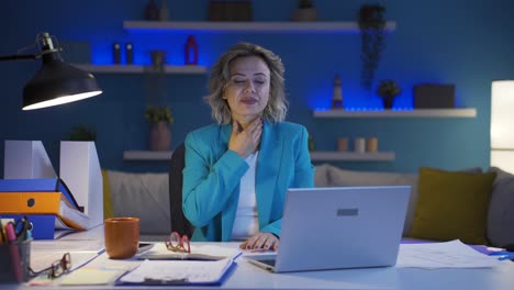 home office worker woman suffering from sore throat.