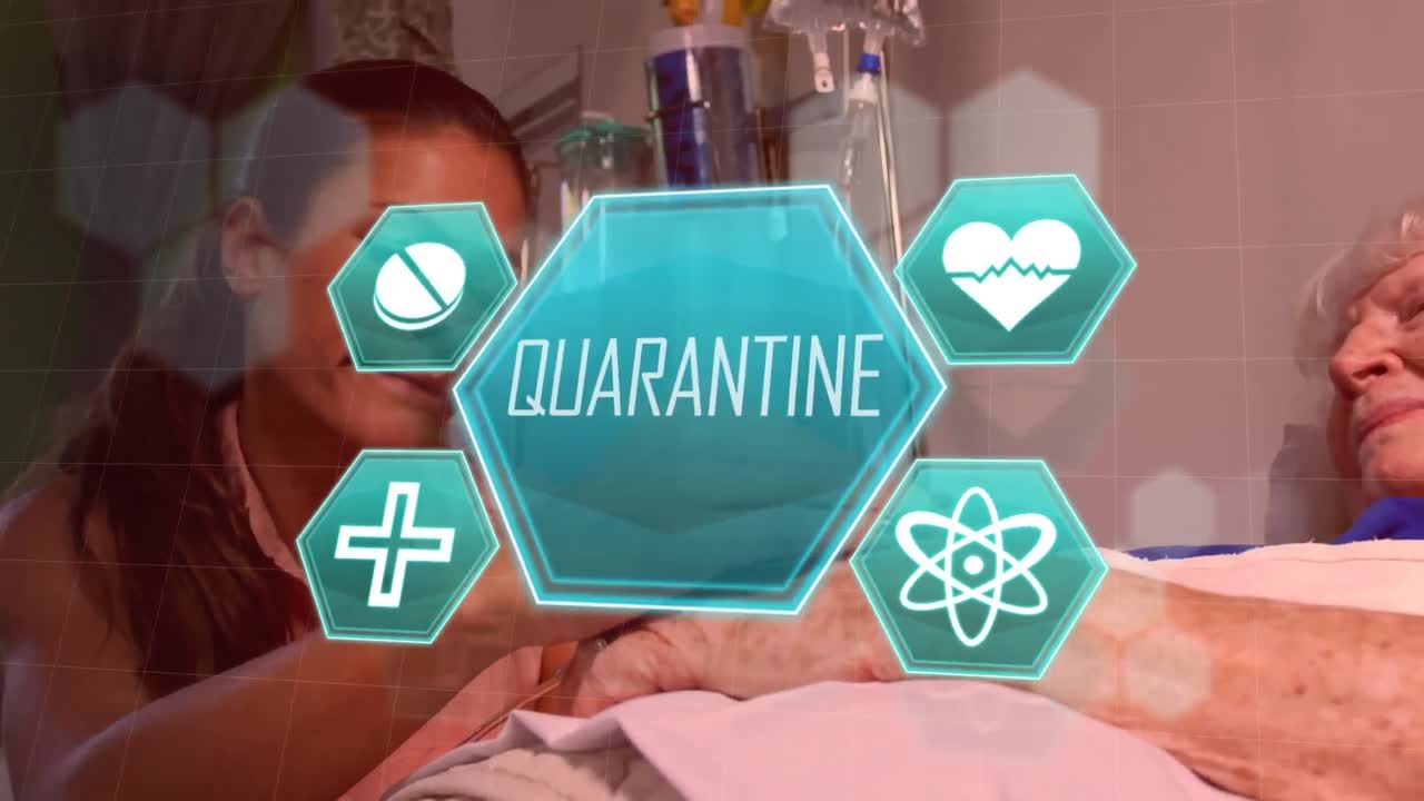 iconos médicos verdes con la palabra cuarentena escrita sobre un paciente de edad avanzada.