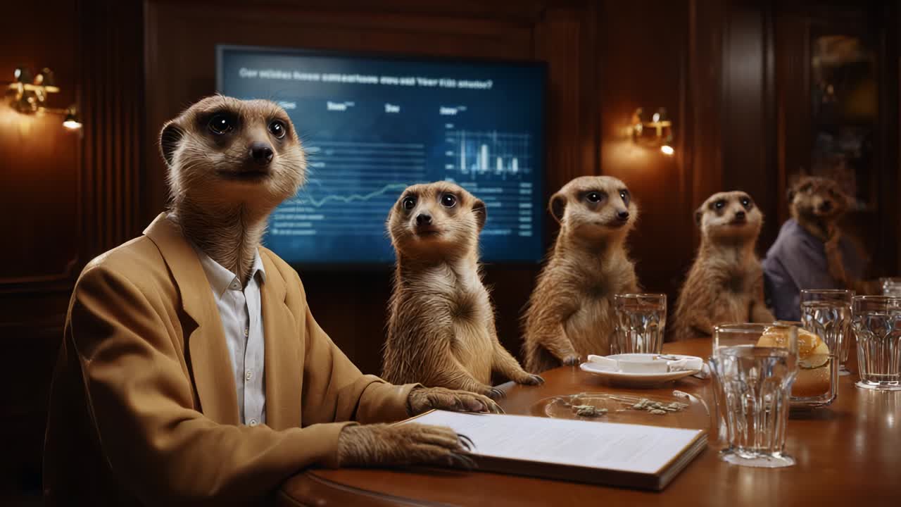 A Gathering of Meerkats in a Corporate Setting Discussing Important Data and Strategies, Featuring Four Distinctive Characters Engaged in a Formal Meeting with Various Presentations in the Background