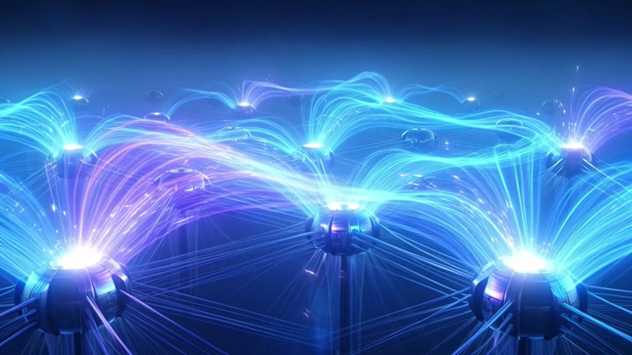 Abstract Network Nodes Connecting with Glowing Data Streams