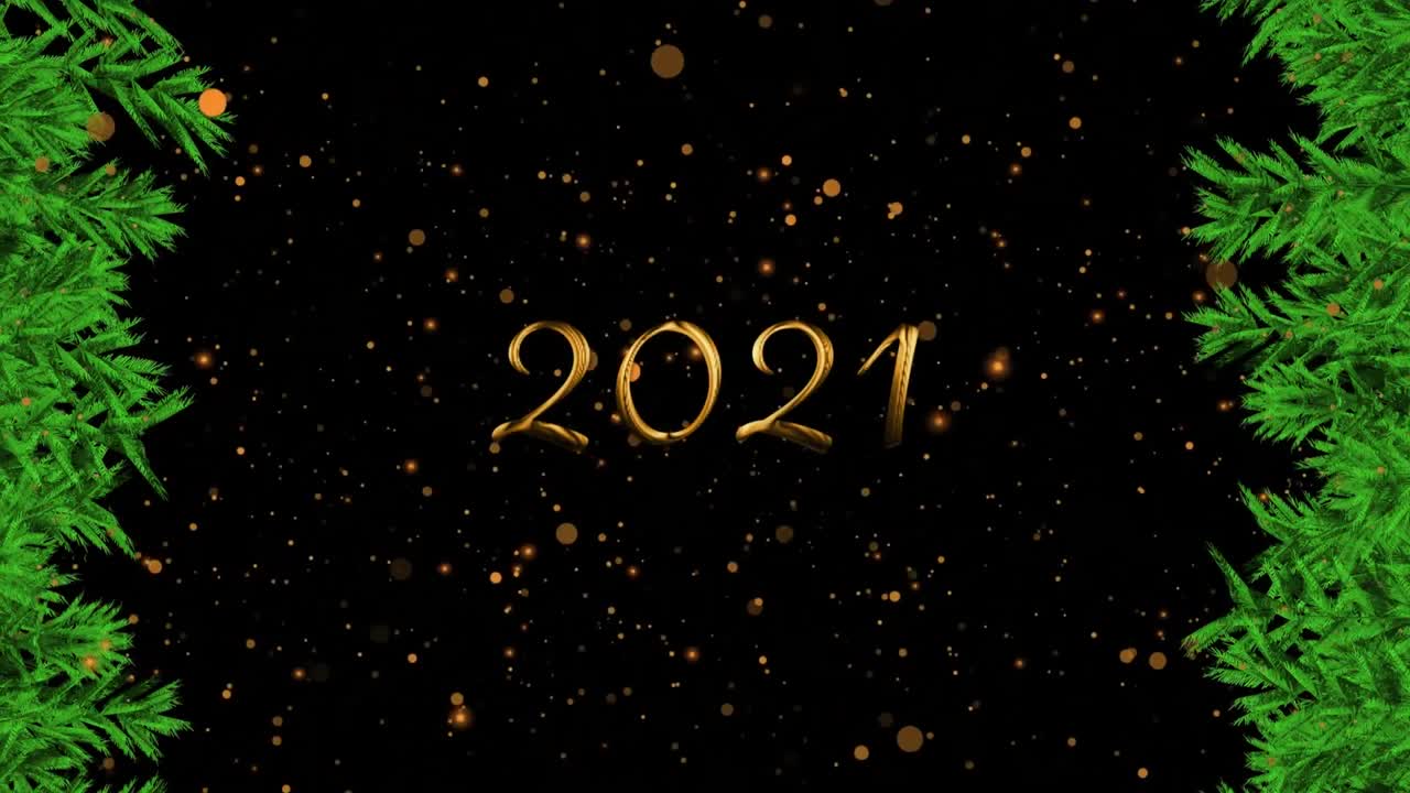 animación de 2021 y ramas de árboles de navidad sobre fondo negro
