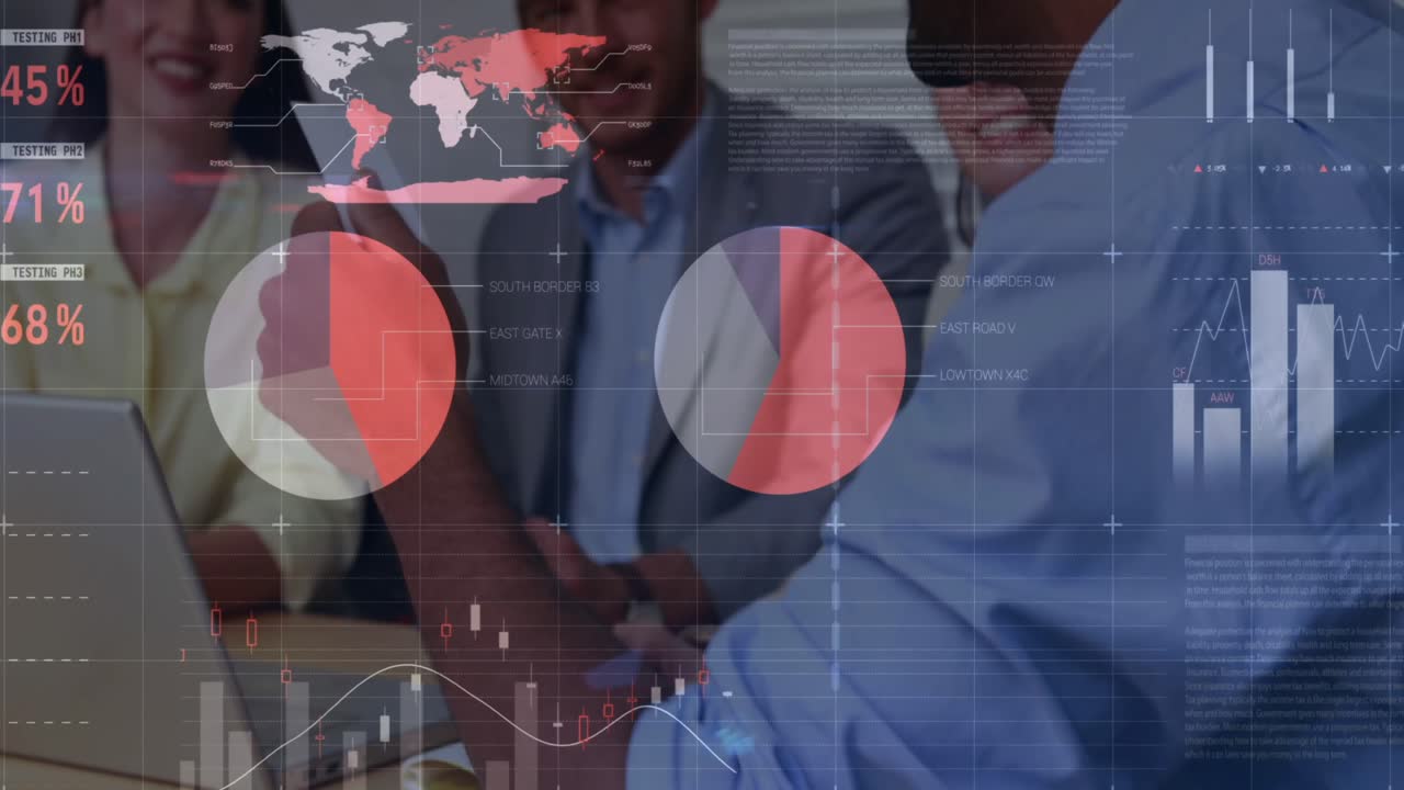 Animation of statistics and financial data processing over business people in meeting