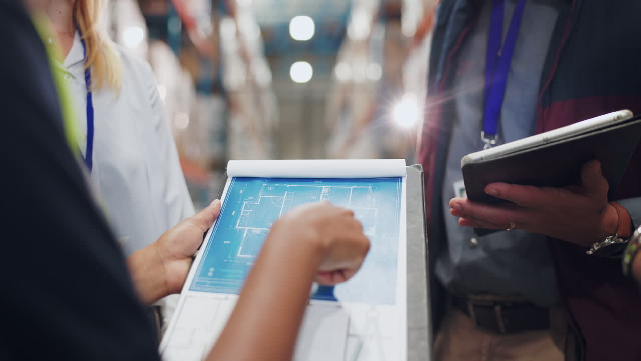 Warehouse planning with blueprint and tablet