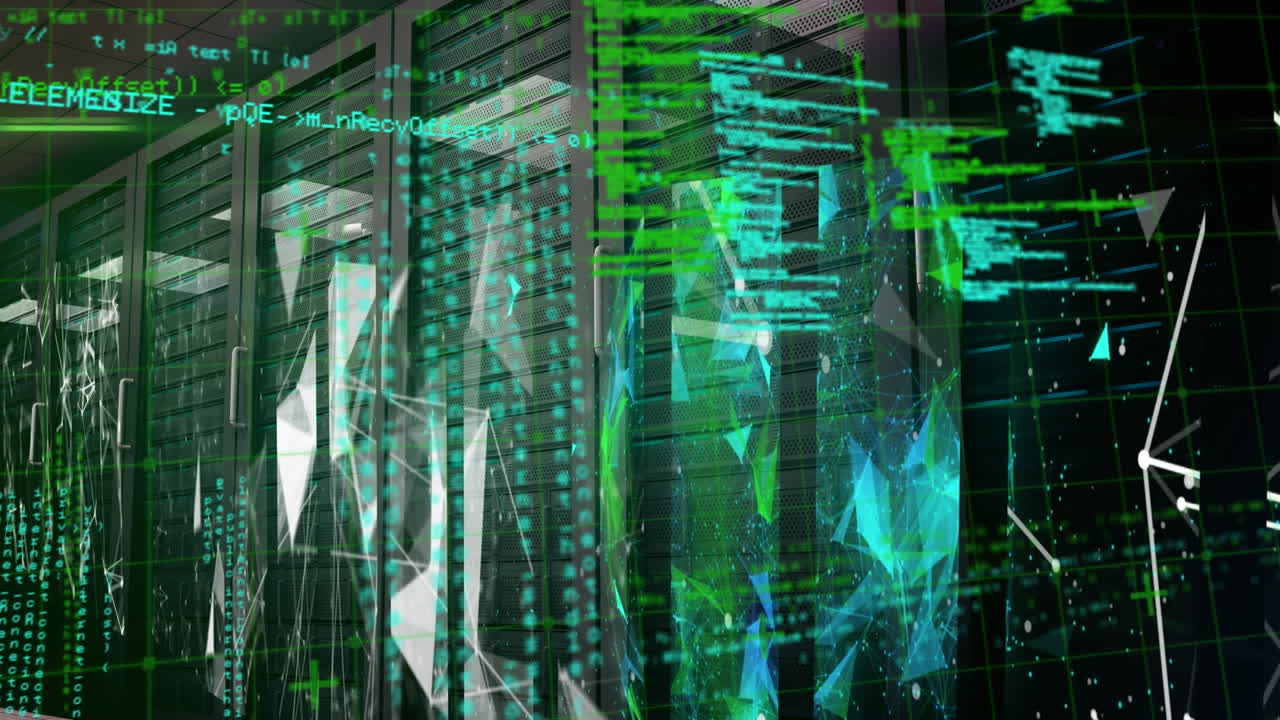 Animation of data processing and shapes over server room