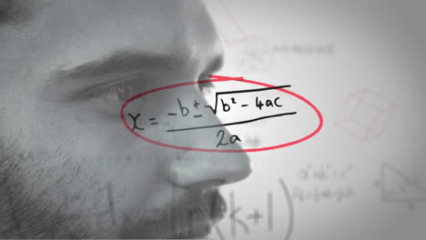 animación sumas matemáticas, diagramas, primer plano de un hombre caucásico de pie contra un fondo blanco