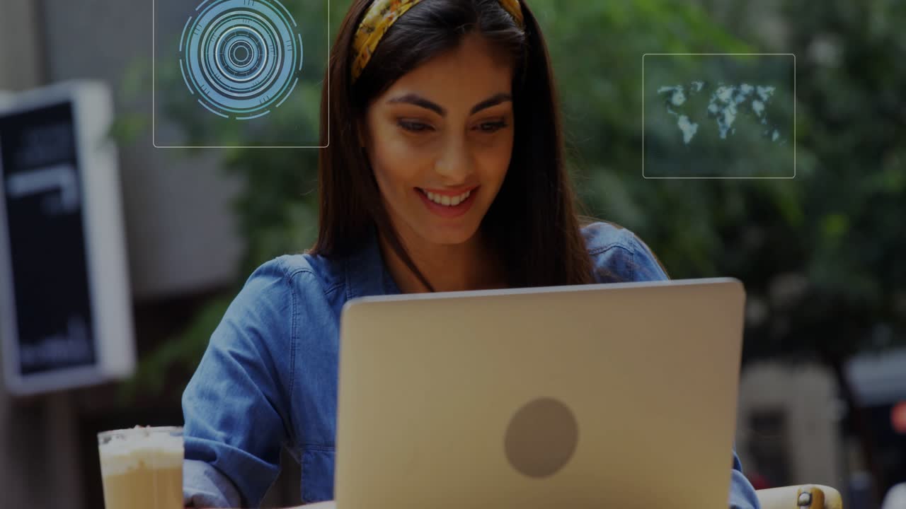 Woman lifting drink, glancing at laptop starting blue UI nodes moving to screen using IT dashboard