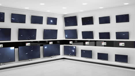 interior of electronics store with synchronized video playing on screens of multiple televisions