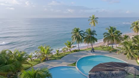 aerial view of swimming pool in the hotel with tropical beach