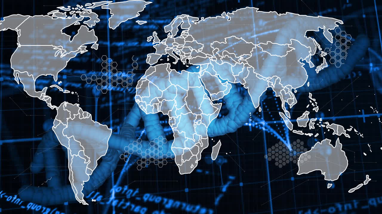 Interacting with digital world map and animation, hands processing data graphics