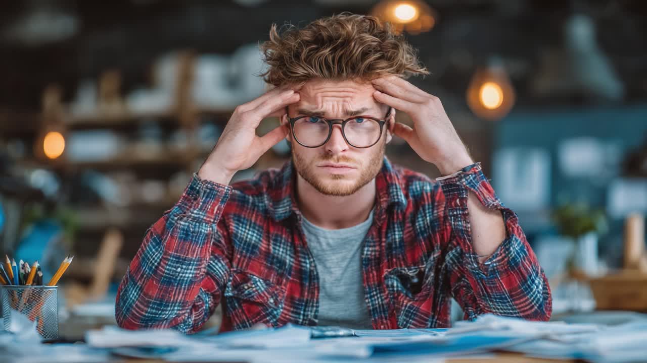 A Frustrated Young Man in Glasses Sits at a Messy Desk Covered with Papers, Expressing Stress and Overwhelm in a Cozy, Well-Lit Workspace Setting