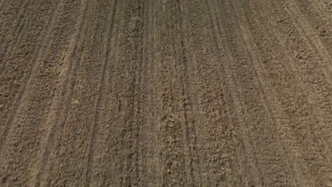 Zenital-aerial-view-of-the-uncultivated-cropland,-as-it-slowly-looks-up-to-see-the-big-mountains-on-the-horizon