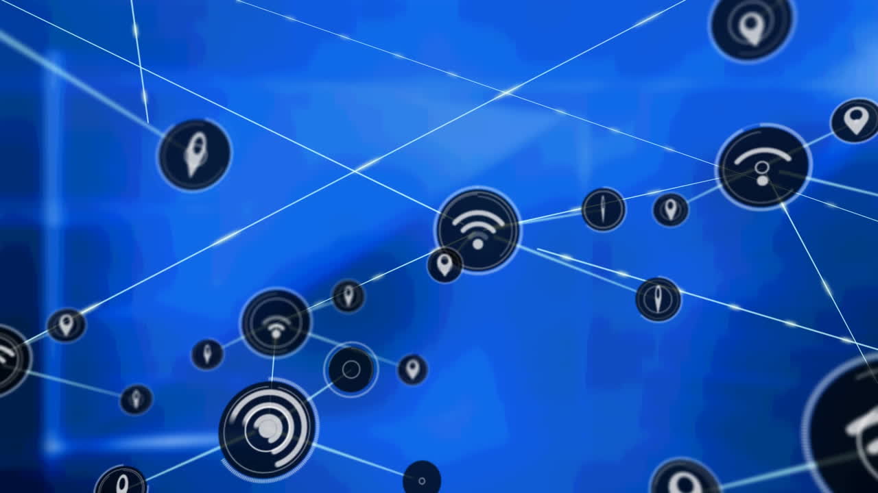 animación de redes de conexiones con iconos sobre pantallas azules