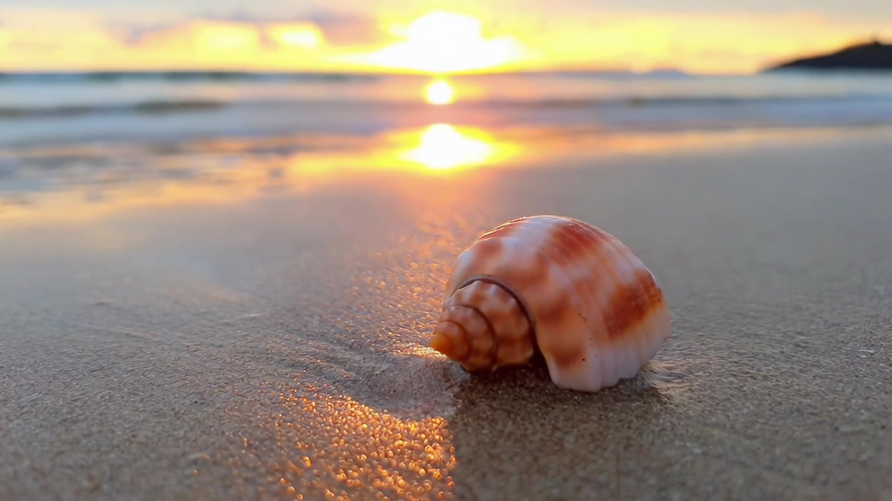 Seashell on Sandy Beach with Golden Sunset and Gentle Waves