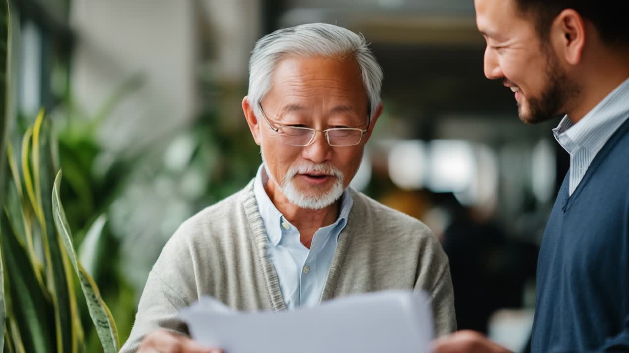 A Heartwarming Interaction: An Elderly Man and a Younger Man Share Smiles and Papers in a Bright, Inviting Space Filled with Lush Green Plants, Emphasizing Connection and Joy in Their Collaboration