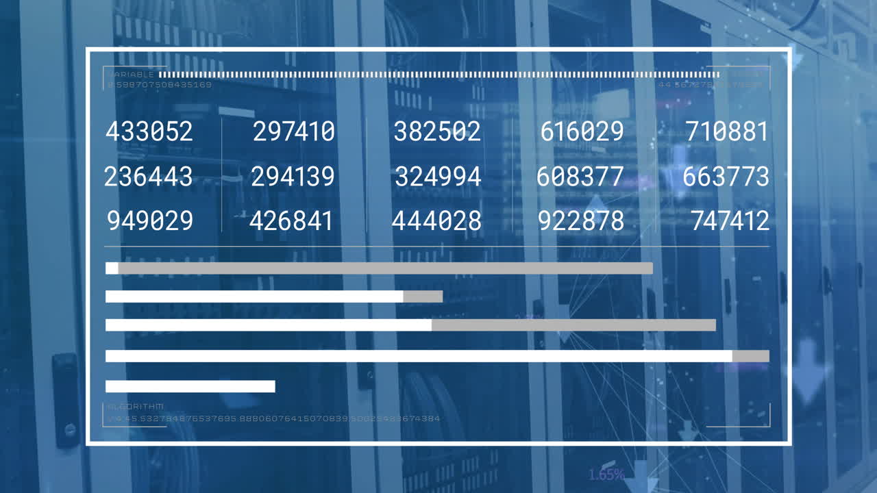 animación del procesamiento de datos financieros a través de servidores informáticos