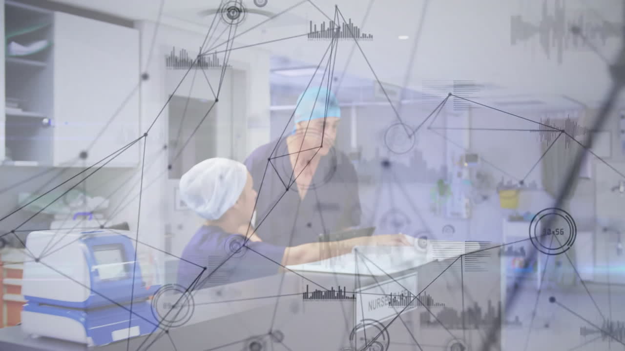 Processing data and network connections animation over medical professionals in hospital