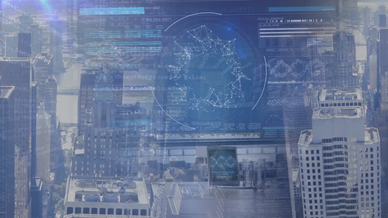 Animation of scientific data processing over cityscape
