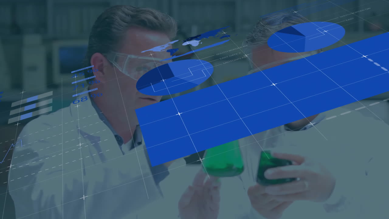 Two lab scientists examining green liquid flask in laboratory, showing digital interface overlays