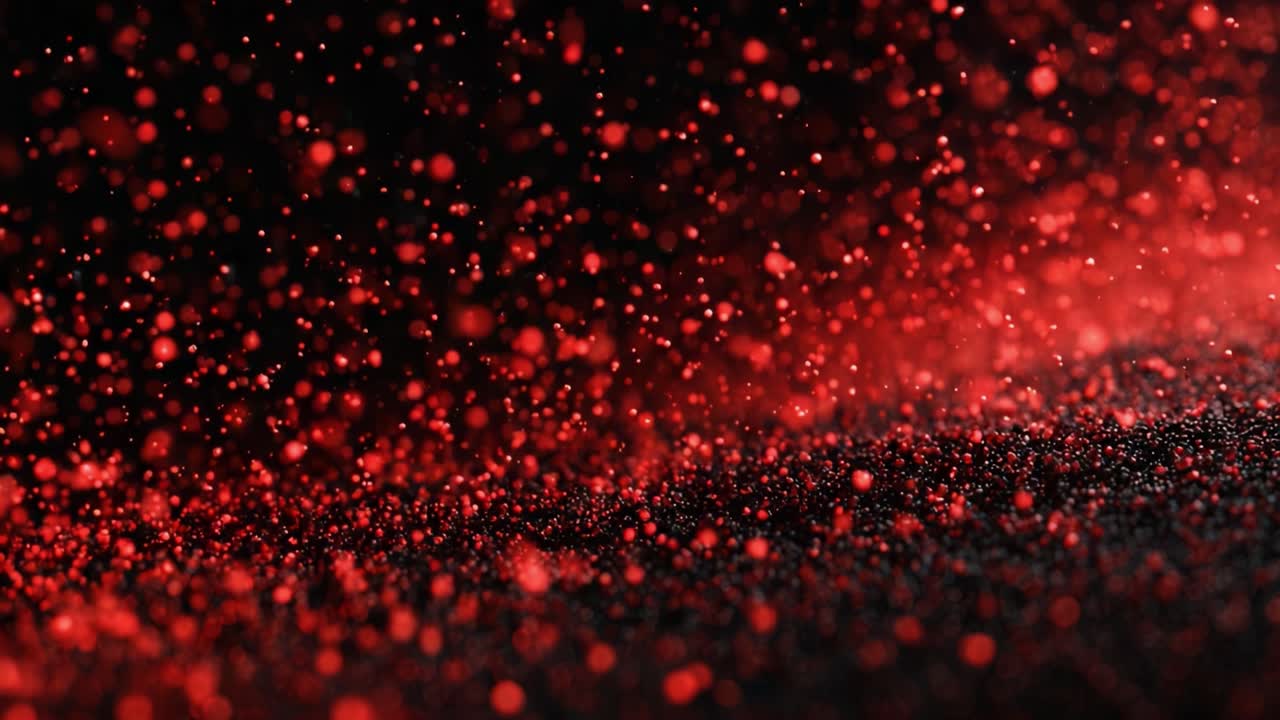 A Captivating Display of Red Particles: An Enveloping Scene of Glimmering Red Dust Suspended in Midair, Evoking A Sense of Motion and Energy in a Dark Background