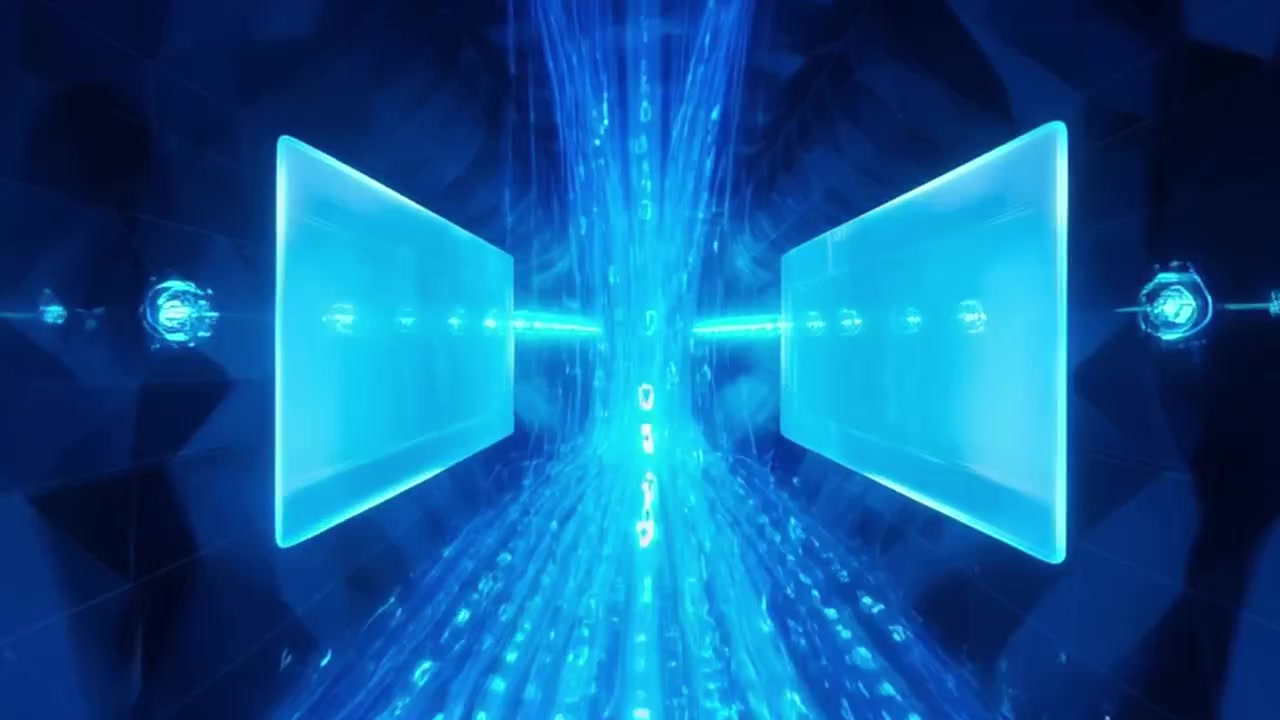 Digital Data Stream Flowing Through Futuristic Geometric Tunnel