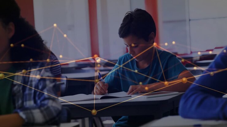 Camera zooming right, focusing student writing classroom exam answers as animated nodes pulsing