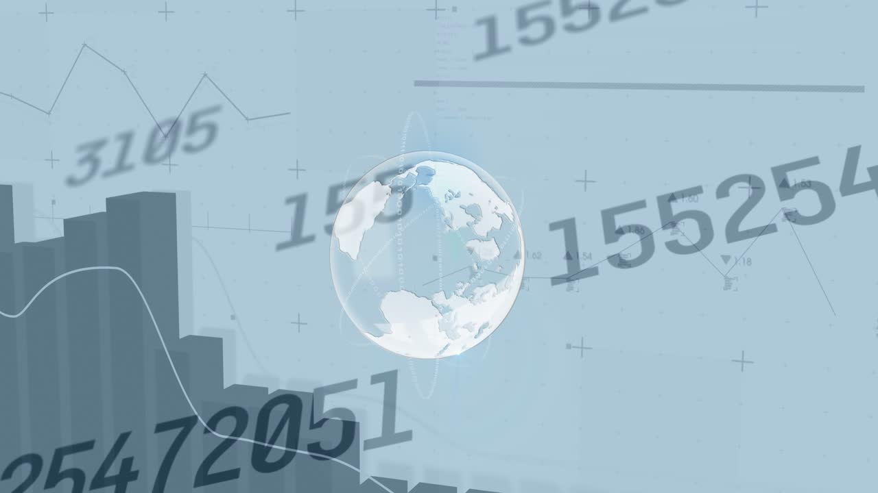 Animazione di numeri che cambiano e globo rotante su elaborazione dati statistici su sfondo grigio