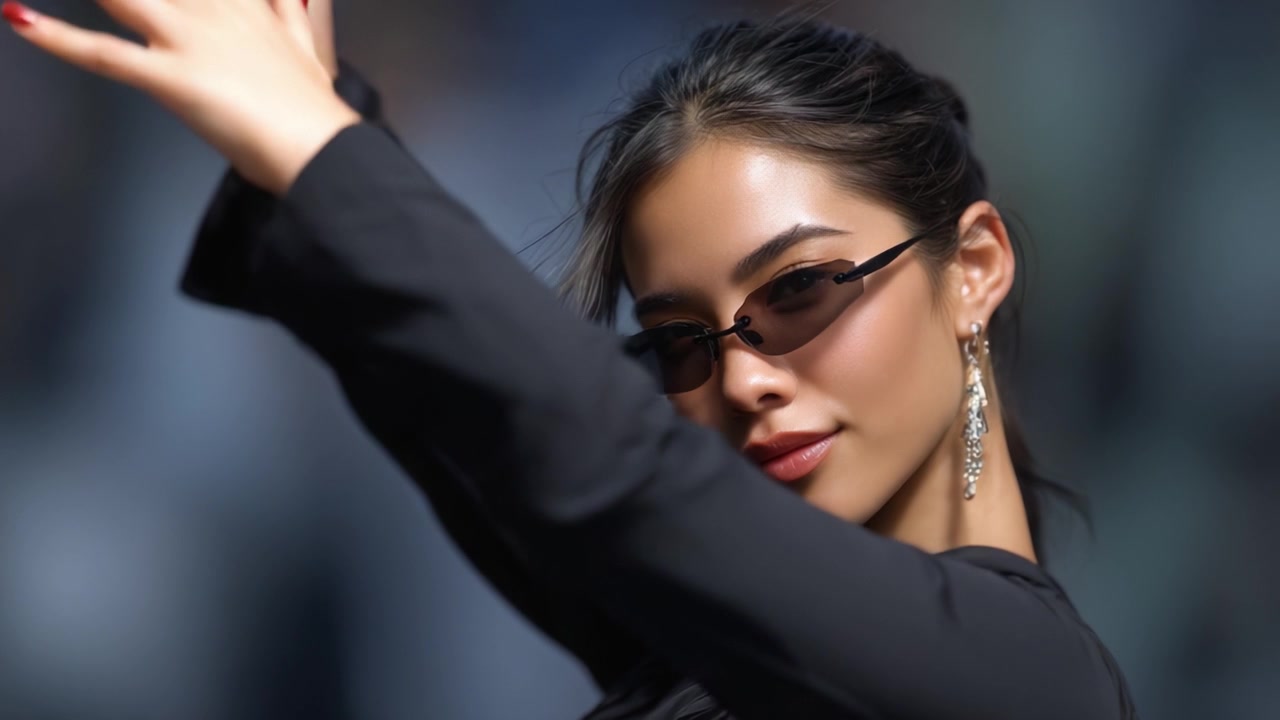 Exhibiendo estilo con elegancia, una joven segura de sí misma con gafas de sol muestra una estética moderna con un toque glamuroso, encarnando belleza y aplomo en un entorno chic.