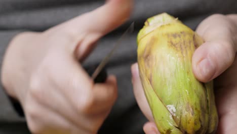 Woman-cleaning-artichokes.-Cooking-process-at-the-kitchen.-Closeup