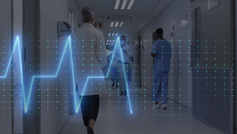animation of heart rate monitor over diverse doctors and healthworkers running in hospital corridor
